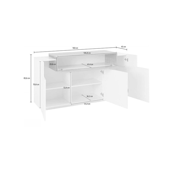 Credenza moderna a 4 ante con ribalta, Made in Italy, Madia da cucina, Buffet di design da soggiorno, cm 160x45h86, Bianco lucido e Acero