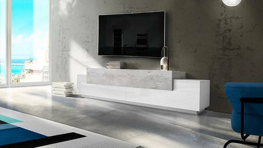 Mobile da soggiorno Porta TV, Made in Italy, Supporto per TV da salotto a 3 ante e ripiani, cm 240x45h52, Bianco lucido e Cemento