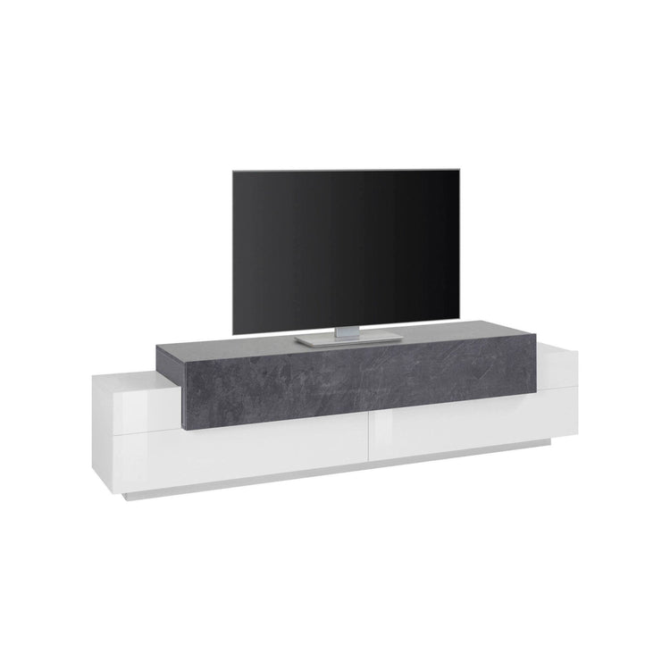 Mobile da soggiorno Porta TV, Made in Italy, Supporto per TV da salotto a 3 ante e ripiani, cm 200x45h52, Bianco lucido e Grigio Cenere