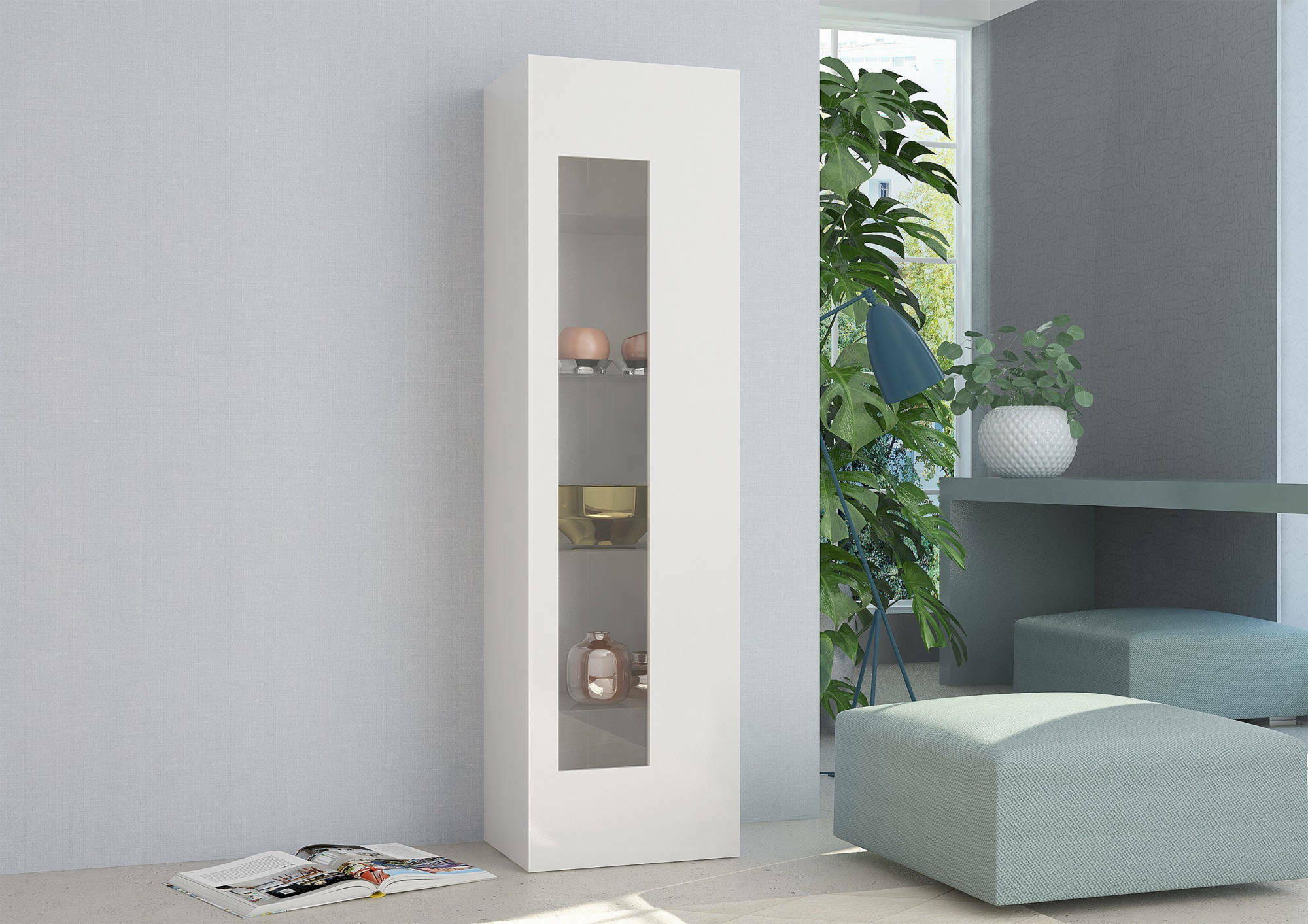 Mobile a colonna con anta a vetro, Made in Italy, Credenza con ripiani, Vetrinetta da soggiorno, cm 45x34h162, Bianco lucido