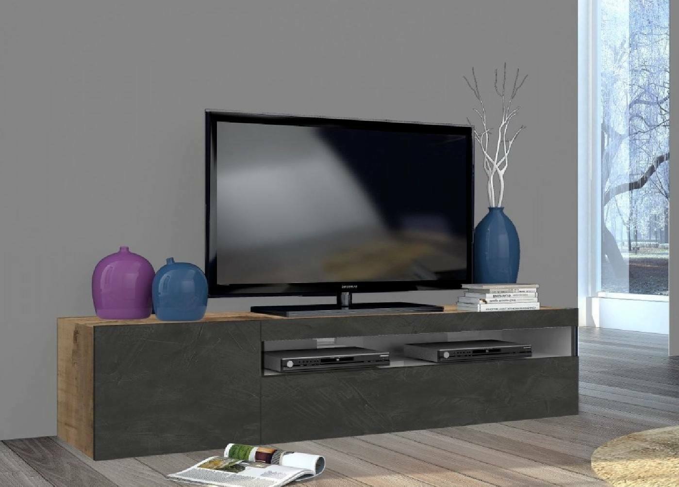 Mobile da soggiorno Porta TV, Made in Italy, Supporto per TV da salotto 2 ante, cm 150x40h37, Acero e Grigio Ardesia