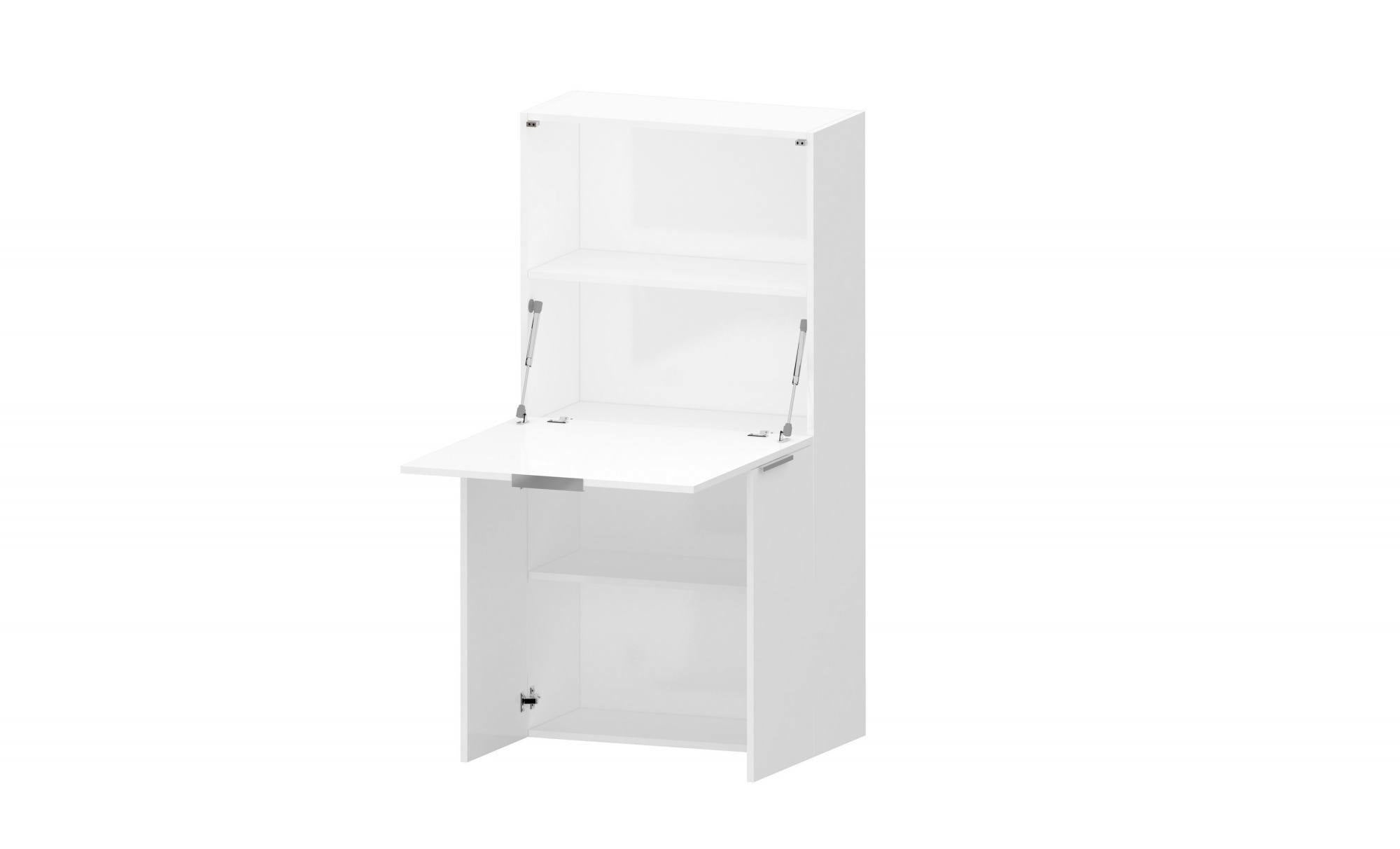 Scrivania con piano nascosto, Made in Italy, Mobile con scaffali e piano da lavoro, Armadio salvaspazio, cm 70x35h140, colore Bianco lucido