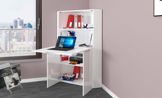 Scrivania ad angolo con piano nascosto, Made in Italy, Mobile con scaffali e piano da lavoro, Armadio salvaspazio, cm 70x57h140, colore Bianco lucido