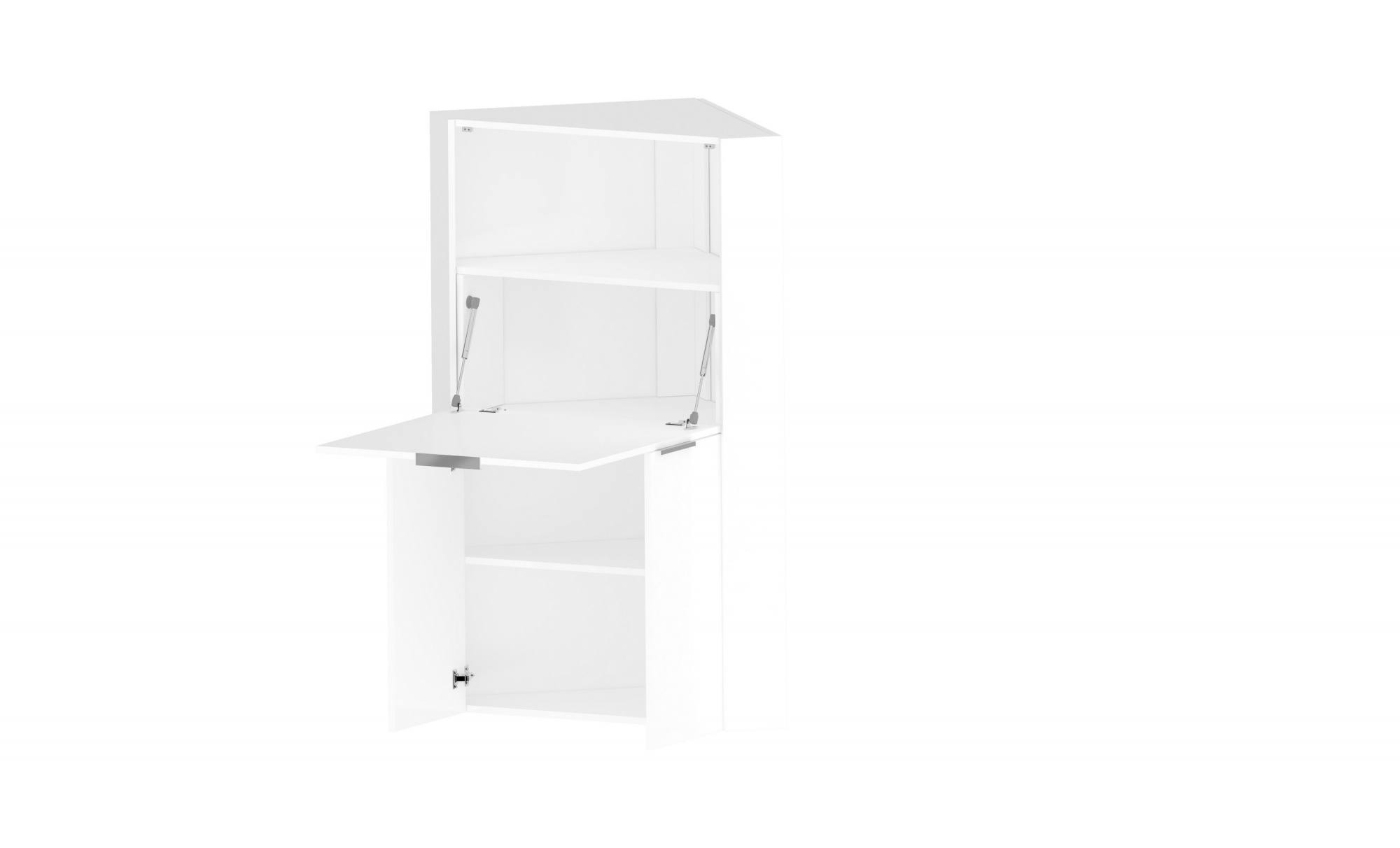 Scrivania ad angolo con piano nascosto, Made in Italy, Mobile con scaffali e piano da lavoro, Armadio salvaspazio, cm 70x57h140, colore Bianco lucido