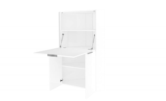 Scrivania ad angolo con piano nascosto, Made in Italy, Mobile con scaffali e piano da lavoro, Armadio salvaspazio, cm 70x57h140, colore Bianco lucido