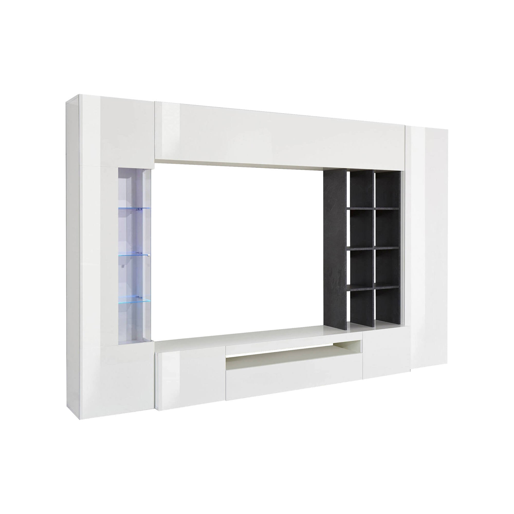 Parete attrezzata da soggiorno, Made in Italy, Mobile porta TV, Set salotto moderno, cm 290x40h192, Bianco lucido e Grigio Cenere, con luce LED blu