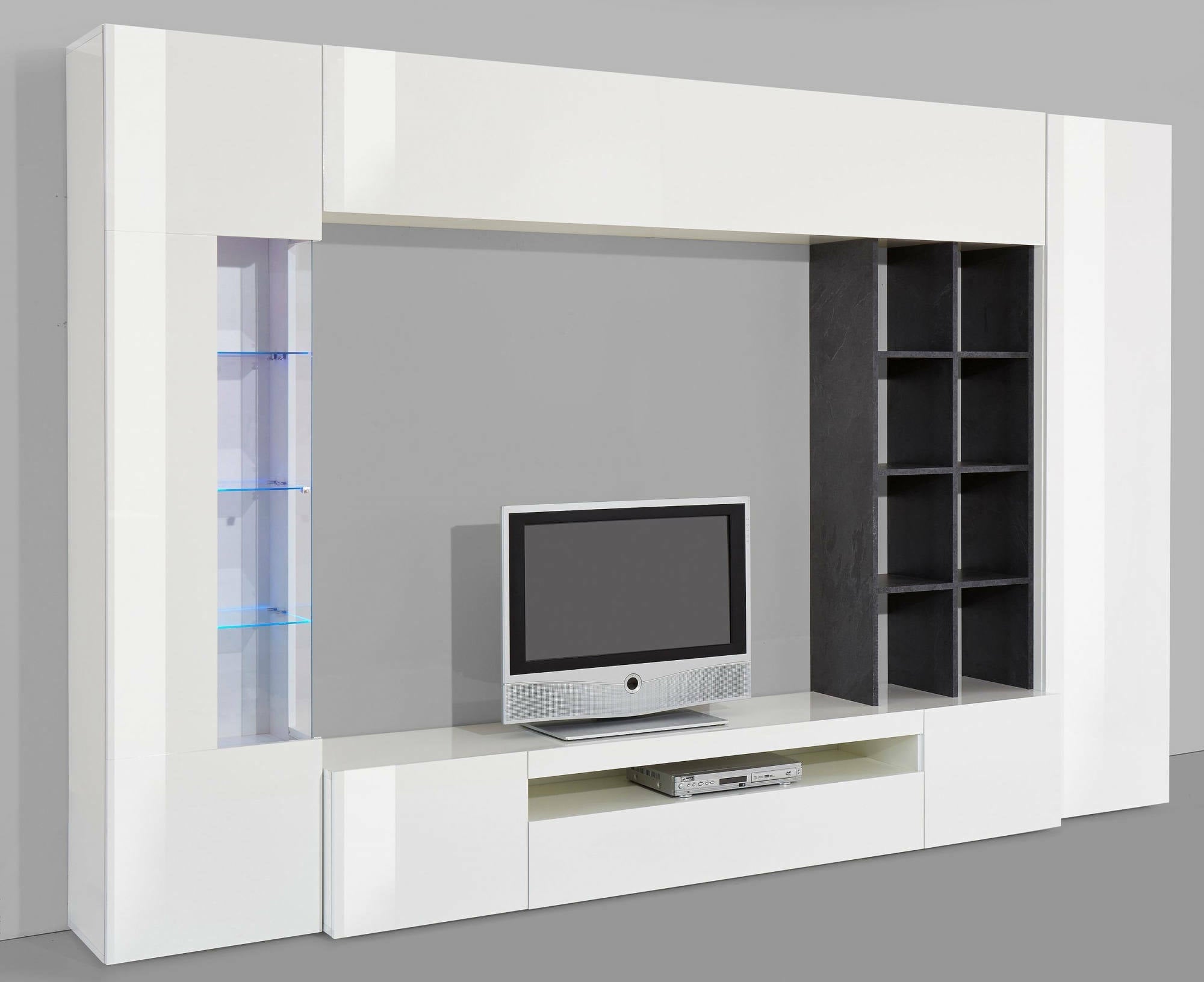 Parete attrezzata da soggiorno, Made in Italy, Mobile porta TV, Set salotto moderno, cm 290x40h192, Bianco lucido e Grigio Cenere, con luce LED blu