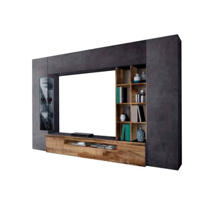 Parete attrezzata da soggiorno, Made in Italy, Mobile porta TV, Set salotto moderno, cm 290x40h192, Ardesia e Acero, con luce LED blu