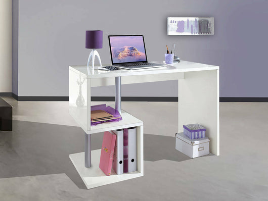 Scrivania moderna ad Esse per ufficio e studio con scaffale, Made in Italy, Tavolo da computer, Scrittoio porta PC, cm 100x50h78, Bianco lucido