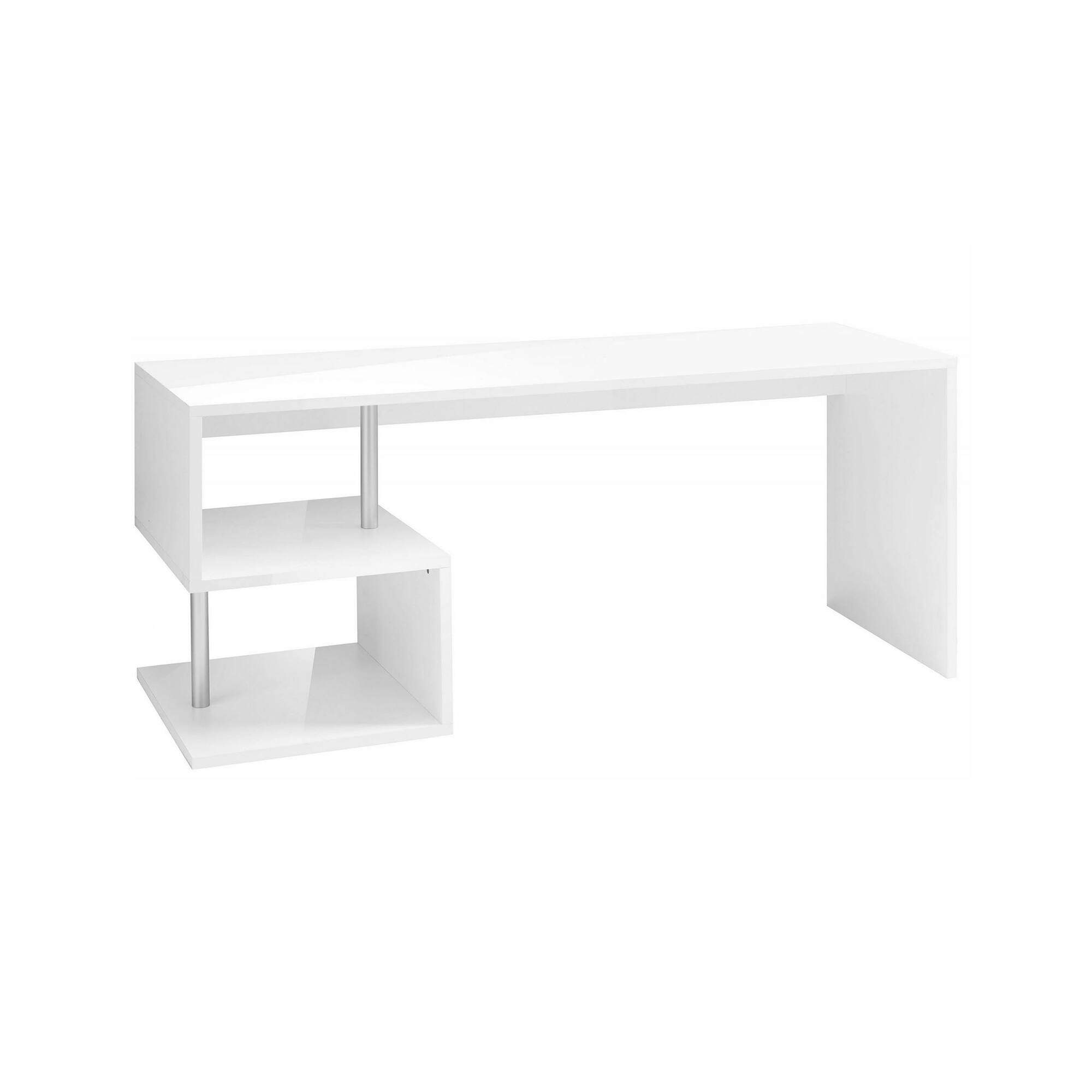 Scrivania moderna ad Esse per ufficio e studio con scaffale, Made in Italy, Tavolo da computer, Scrittoio porta PC, cm 180x60h78, Bianco lucido