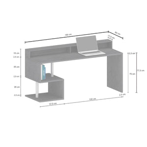 Scrivania moderna ad Esse per ufficio e studio con scaffale, Made in Italy, Tavolo da computer, Scrittoio porta PC, cm 180x60h78, Bianco lucido