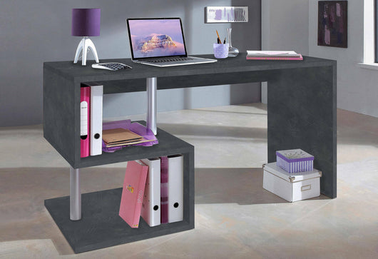 Scrivania moderna ad Esse per ufficio e studio con scaffale, Made in Italy, Tavolo da computer, Scrittoio porta PC, cm 140x60h78, Grigio Cenere