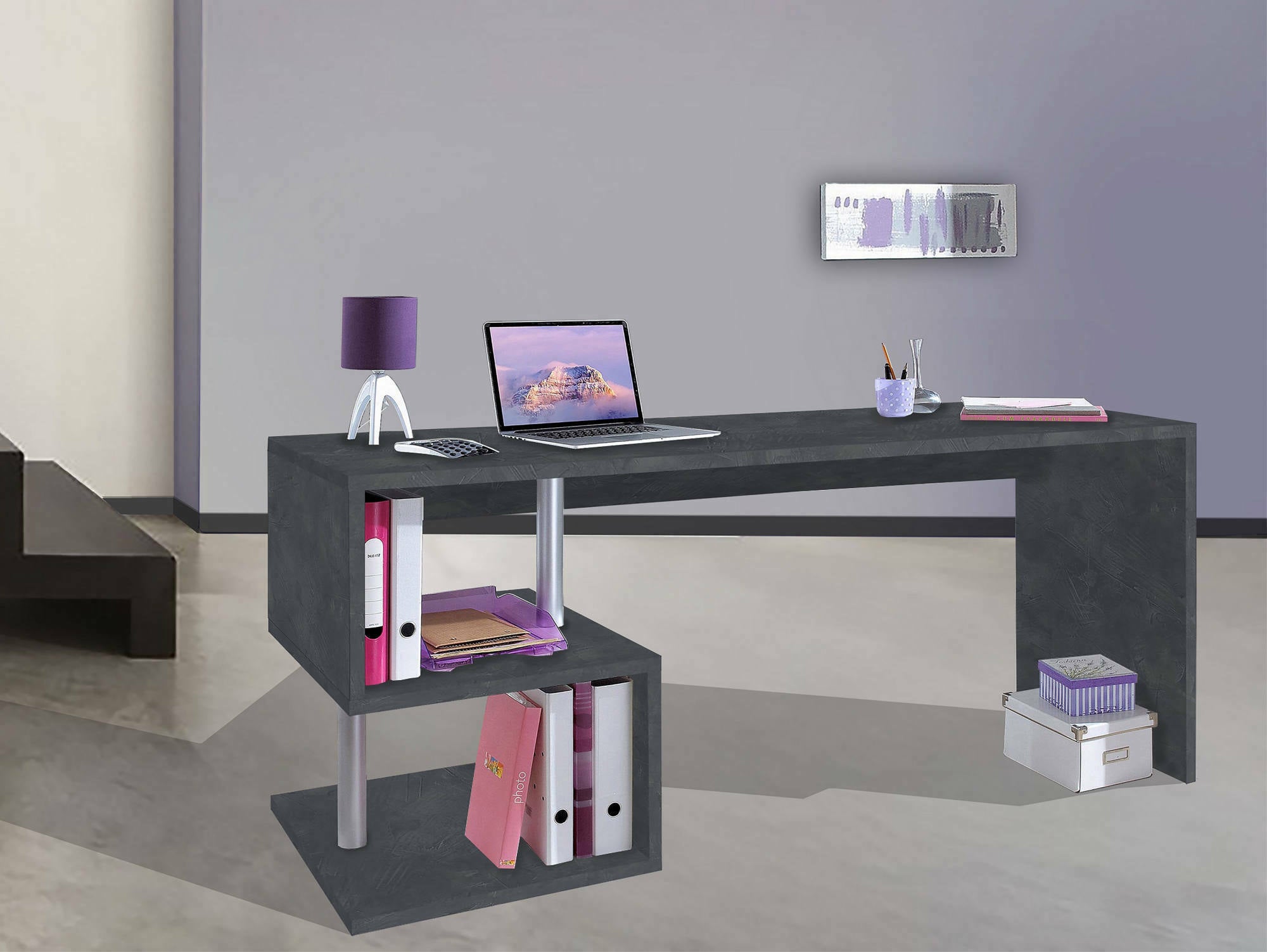 Scrivania moderna ad Esse per ufficio e studio con scaffale, Made in Italy, Tavolo da computer, Scrittoio porta PC, cm 180x60h78, Grigio Cenere