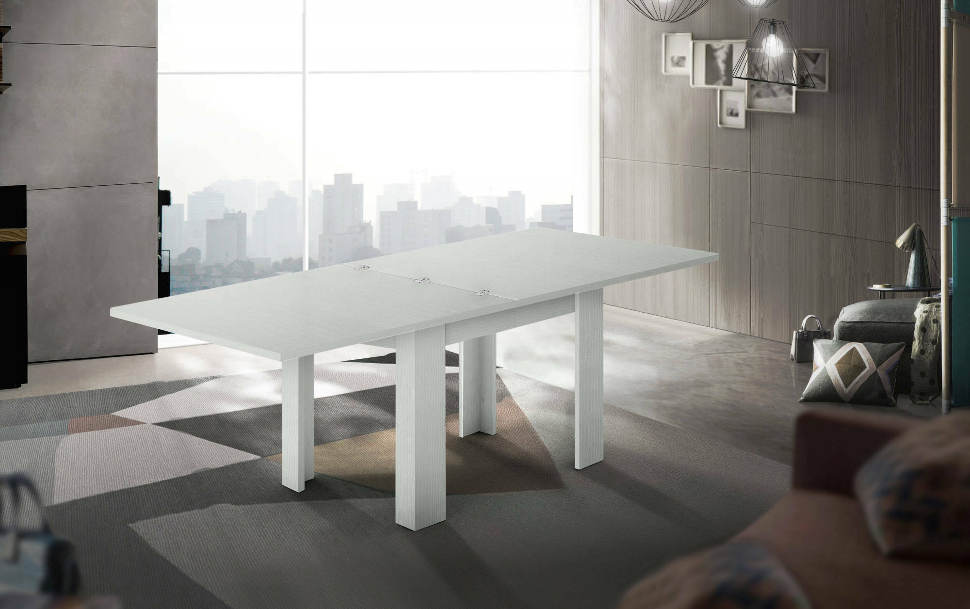 Tavolo da pranzo con apertura a libro, Made in Italy, Consolle ausiliare da cucina, Tavoloallungabile, cm 90x90h75, Bianco lucido Larice