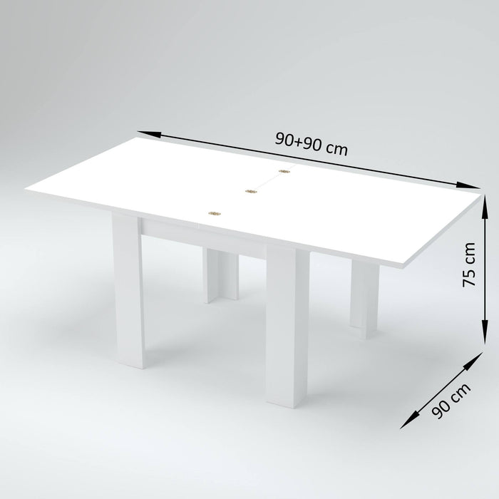 Tavolo da pranzo con apertura a libro, Made in Italy, Consolle ausiliare da cucina, Tavoloallungabile, cm 90x90h75, Bianco lucido Larice