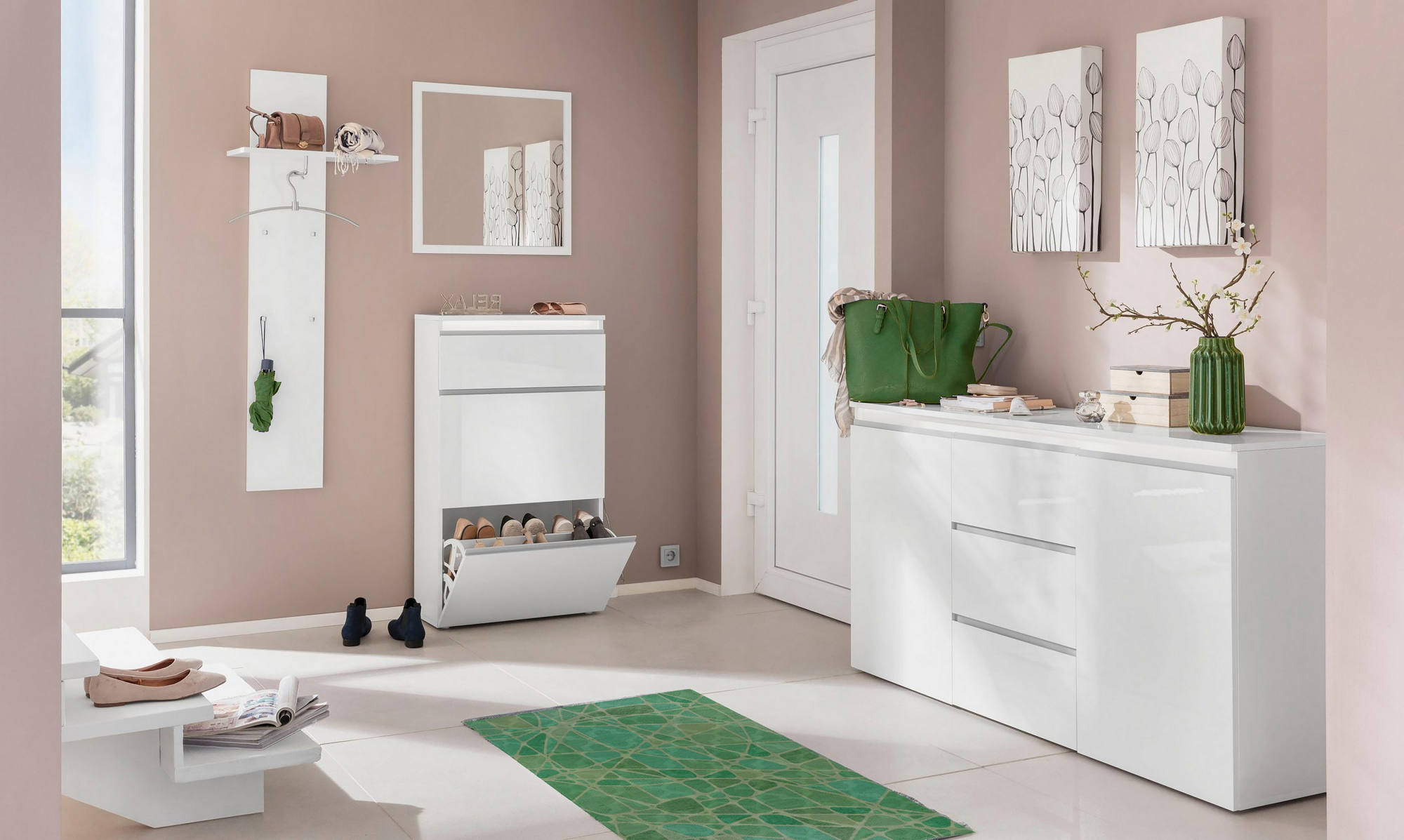 Specchiera da parete con cornice, Made in Italy, Specchio da bagno, cm 60x2h60, Bianco lucido