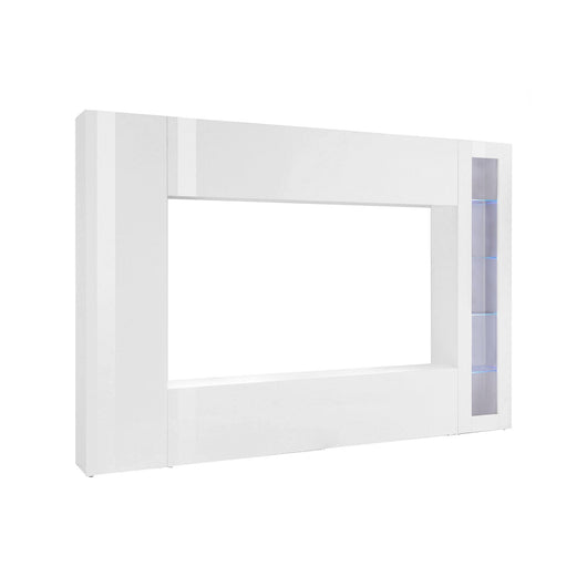 Parete attrezzata da soggiorno, Made in Italy, Porta TV, Set salotto moderno, cm 260x30h180, Bianco lucido, con luce LED blu ed una vetrina