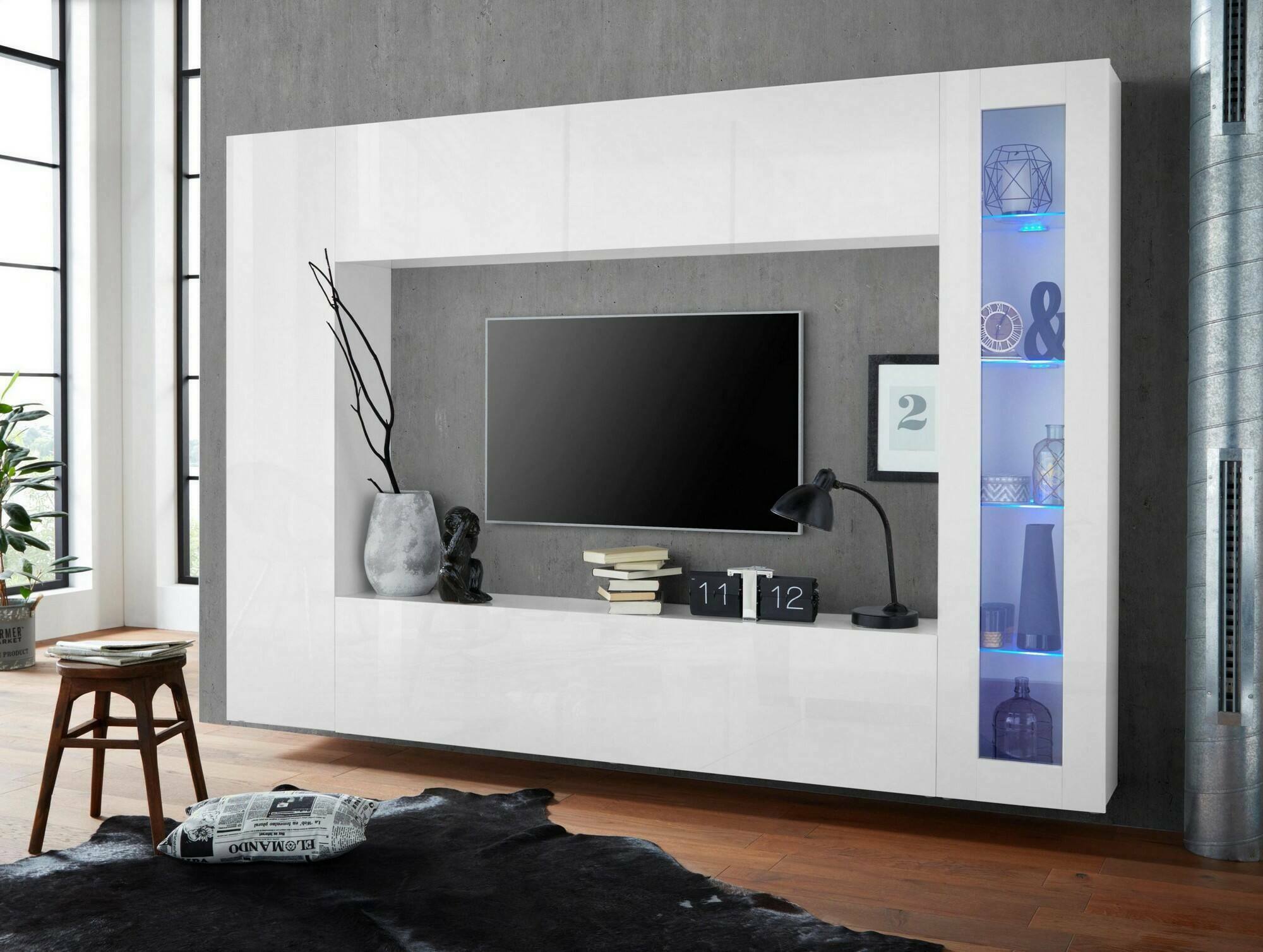 Parete attrezzata da soggiorno, Made in Italy, Porta TV, Set salotto moderno, cm 260x30h180, Bianco lucido, con luce LED blu ed una vetrina