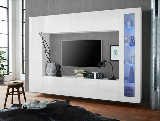 Parete attrezzata da soggiorno, Made in Italy, Porta TV, Set salotto moderno, cm 260x30h180, Bianco lucido, con luce LED blu ed una vetrina