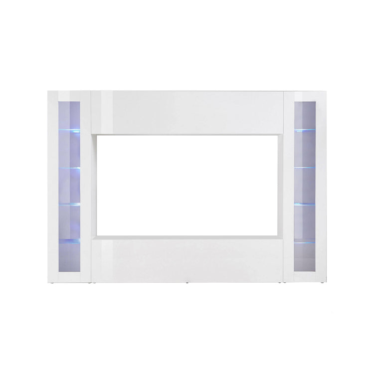 Parete attrezzata da soggiorno, Made in Italy, Porta TV, Set salotto moderno, cm 260x30h180, Bianco lucido, con luce LED blu e due vetrine