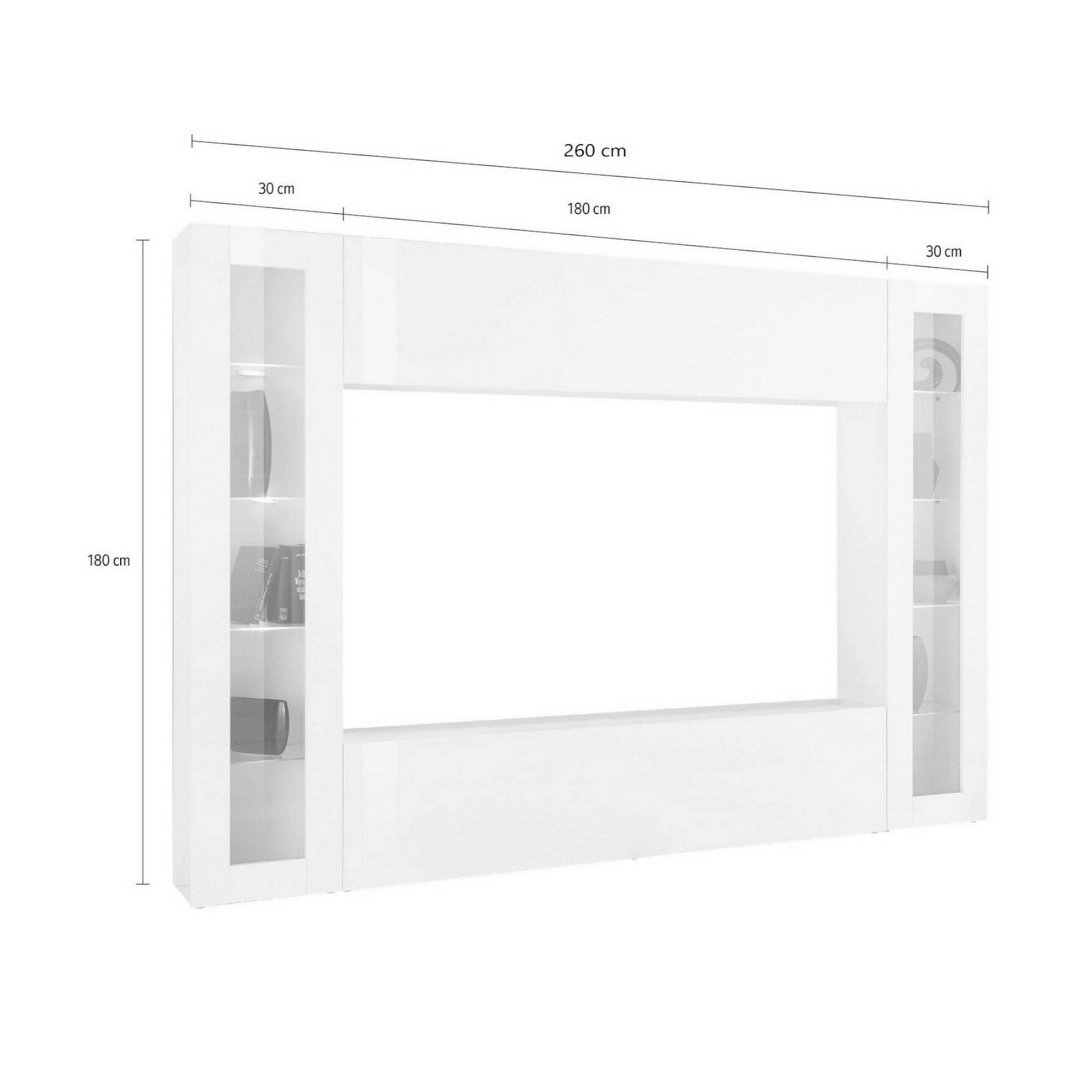 Parete attrezzata da soggiorno, Made in Italy, Porta TV, Set salotto moderno, cm 260x30h180, Bianco lucido, con luce LED blu e due vetrine