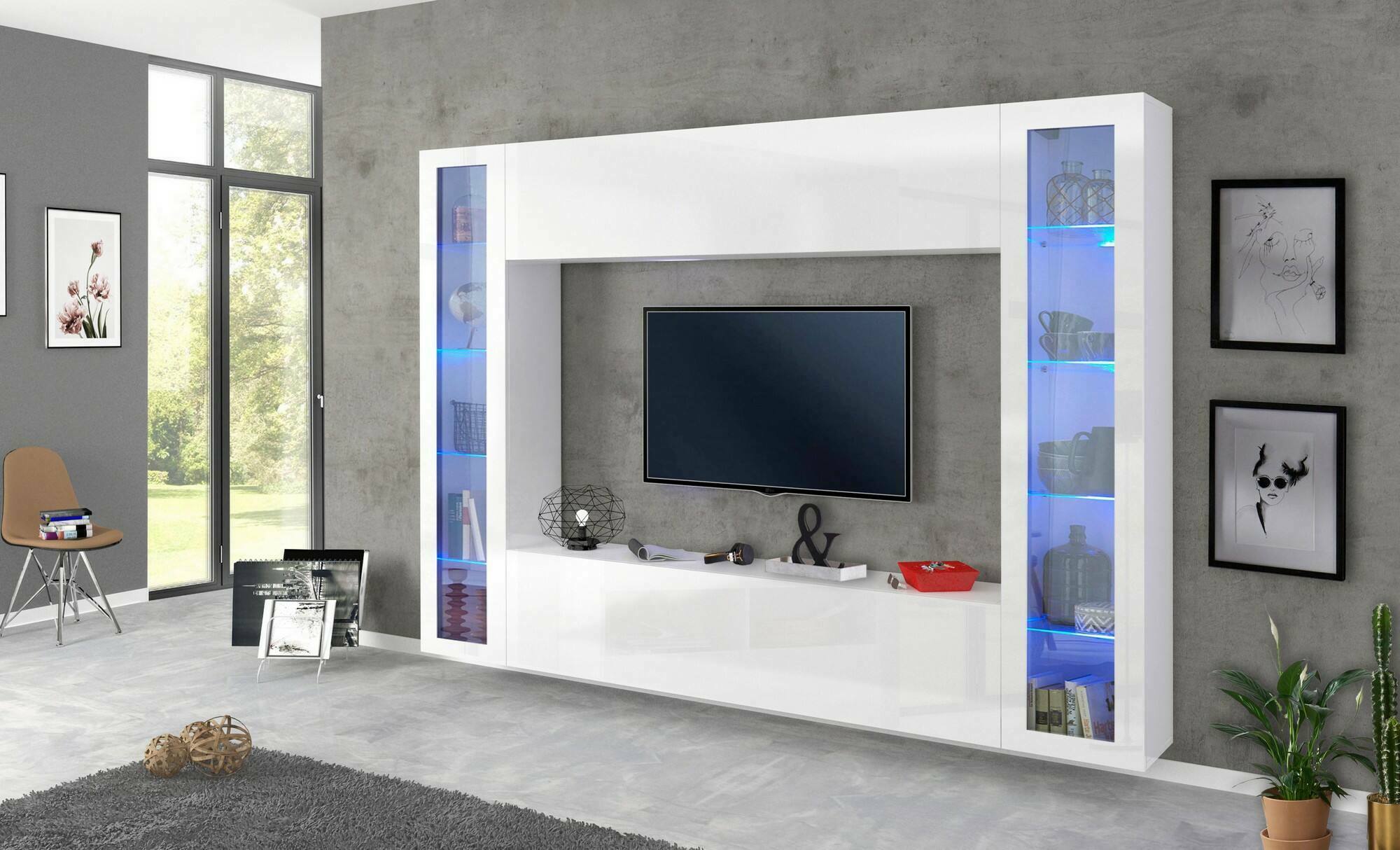 Parete attrezzata da soggiorno, Made in Italy, Porta TV, Set salotto moderno, cm 260x30h180, Bianco lucido, con luce LED blu e due vetrine