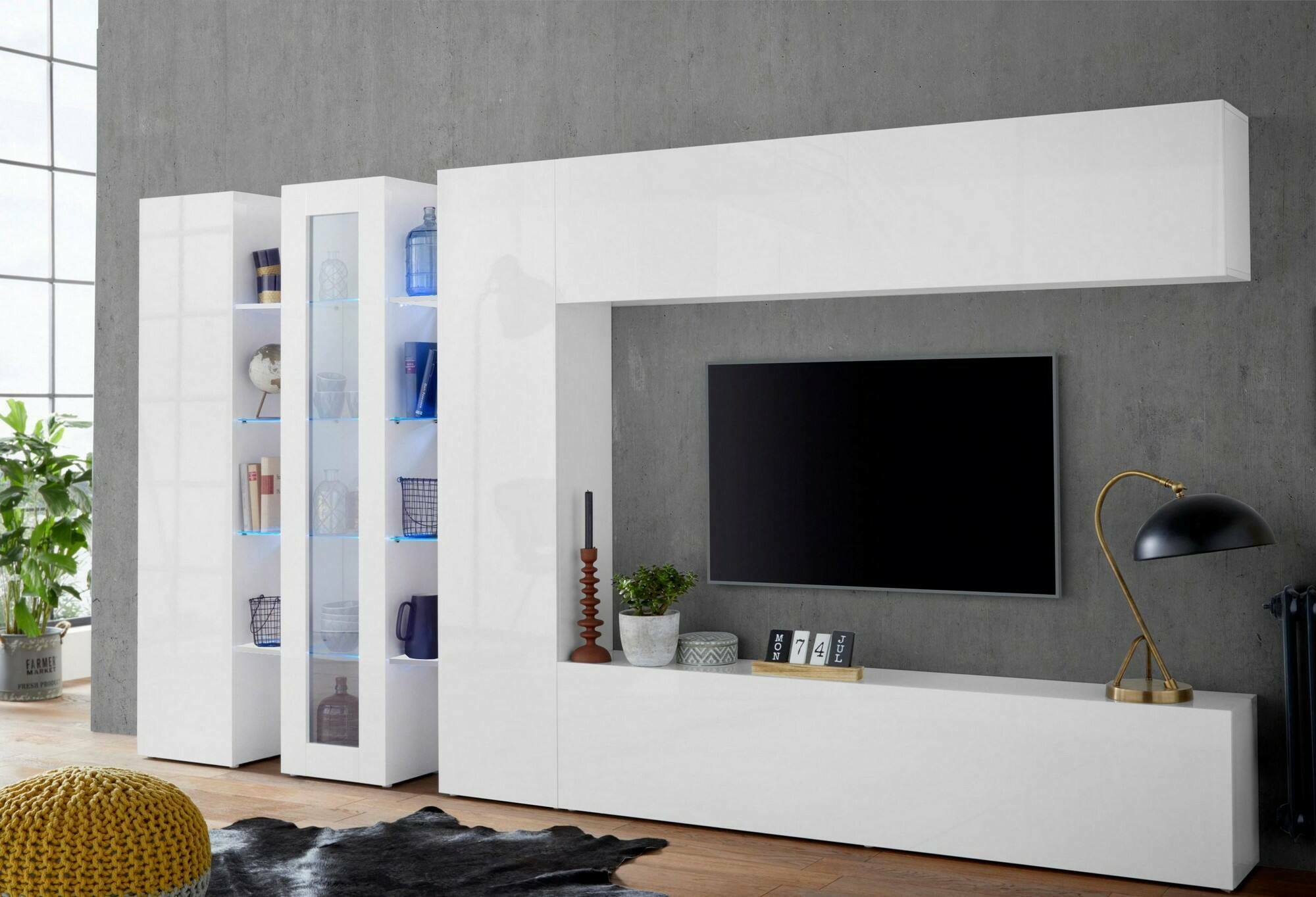 Parete attrezzata da soggiorno, Made in Italy, con luce LED blu, Base porta TV e pensili e scaffali, Set salotto moderno, cm 340x30h180, colore Bianco lucido