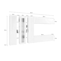 Parete attrezzata da soggiorno, Made in Italy, con luce LED blu, Base porta TV e pensili e scaffali, Set salotto moderno, cm 340x30h180, colore Bianco lucido