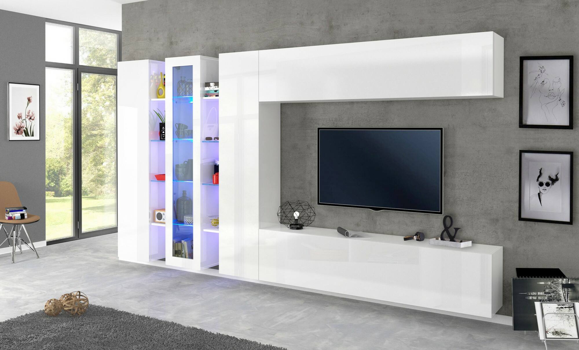 Parete attrezzata da soggiorno, Made in Italy, con luce LED blu, Base porta TV e pensili e scaffali, Set salotto moderno, cm 340x30h180, colore Bianco lucido