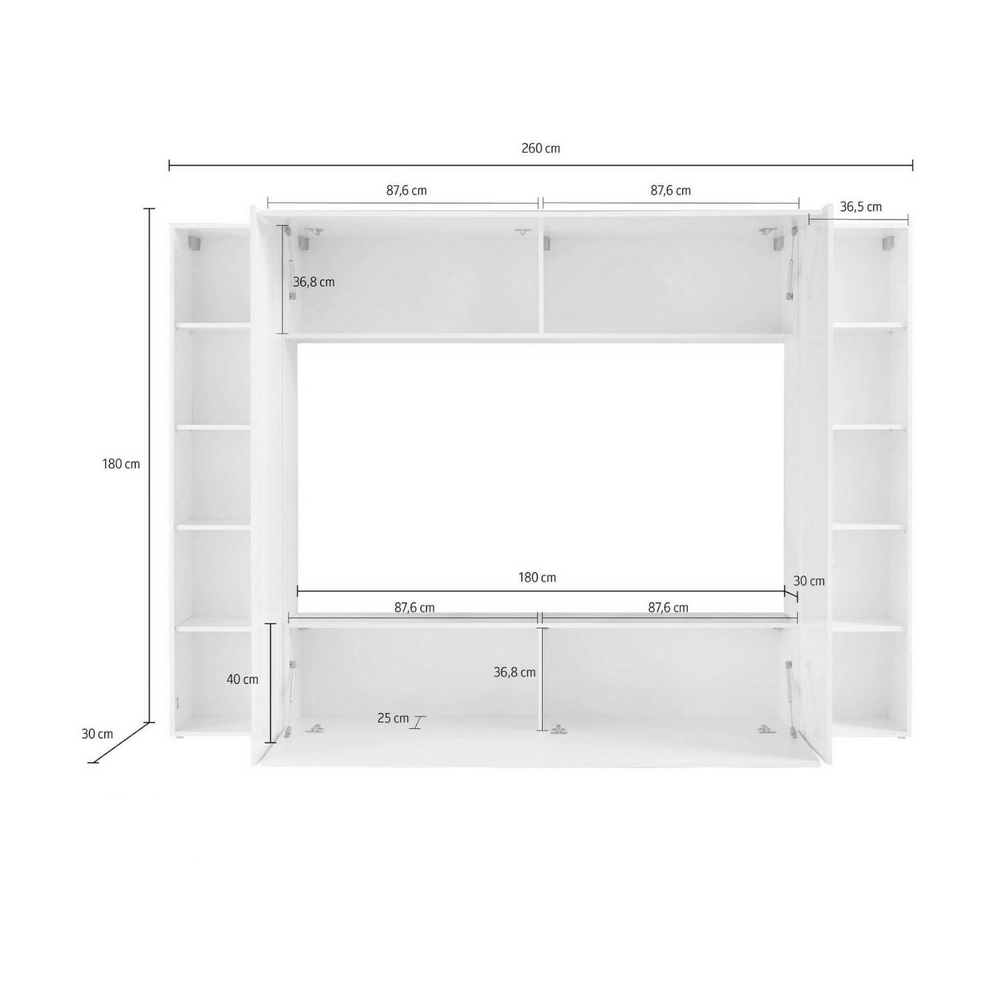 Parete attrezzata da soggiorno, Made in Italy, Porta TV, Set salotto moderno, cm 260x30h180, Bianco lucido