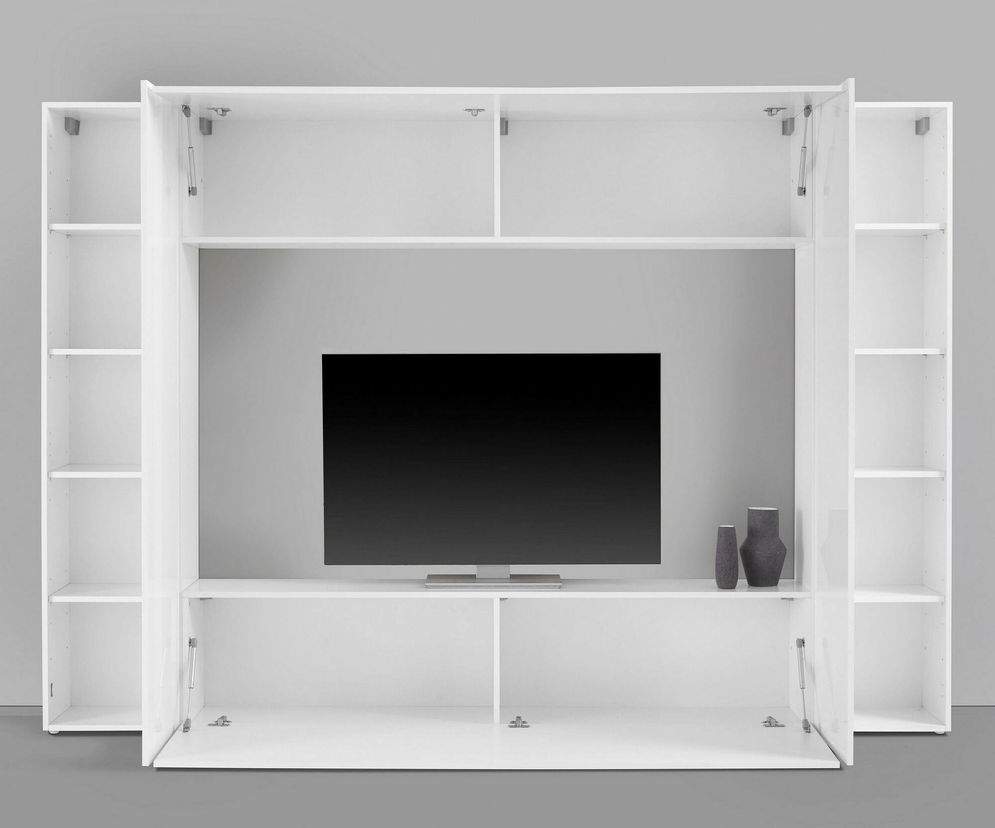 Parete attrezzata da soggiorno, Made in Italy, Porta TV, Set salotto moderno, cm 260x30h180, Bianco lucido