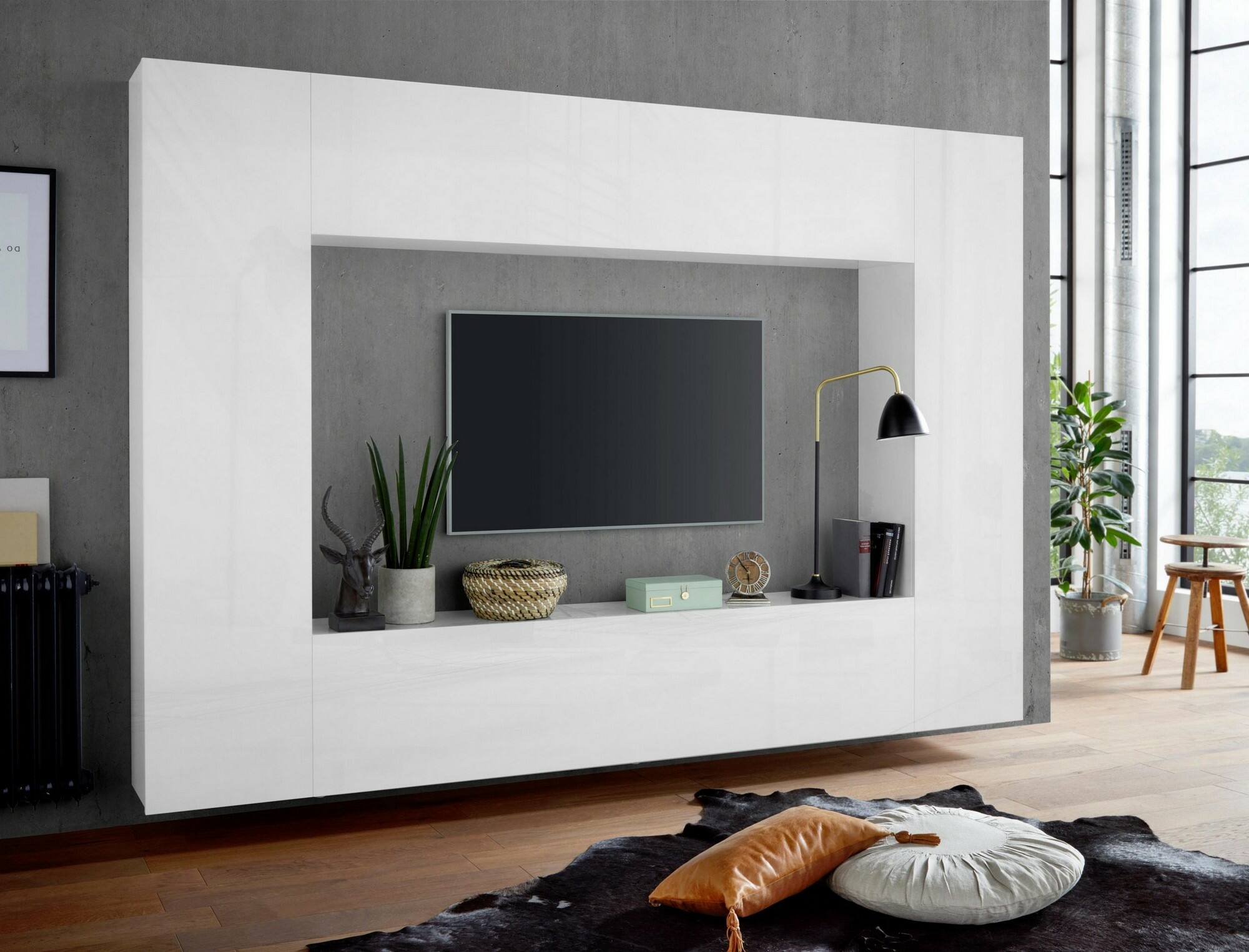 Parete attrezzata da soggiorno, Made in Italy, Porta TV, Set salotto moderno, cm 260x30h180, Bianco lucido