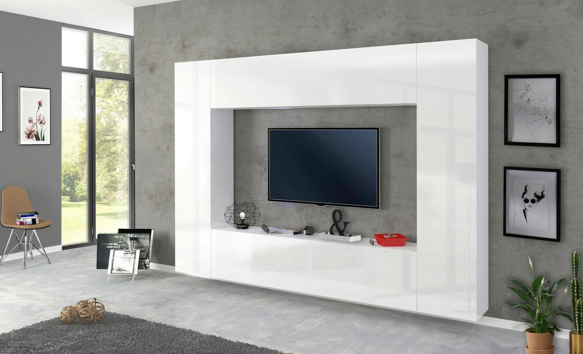 Parete attrezzata da soggiorno, Made in Italy, Porta TV, Set salotto moderno, cm 260x30h180, Bianco lucido