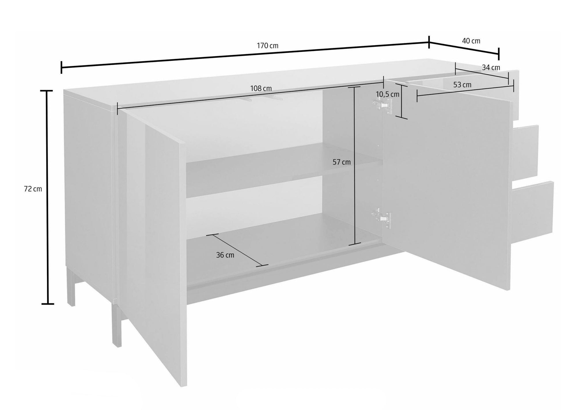 Credenza moderna a 2 ante e 3 cassetti, Made in Italy, Madia da cucina rialzata, Buffet di design da soggiorno, cm 170x40h47, Bianco lucido