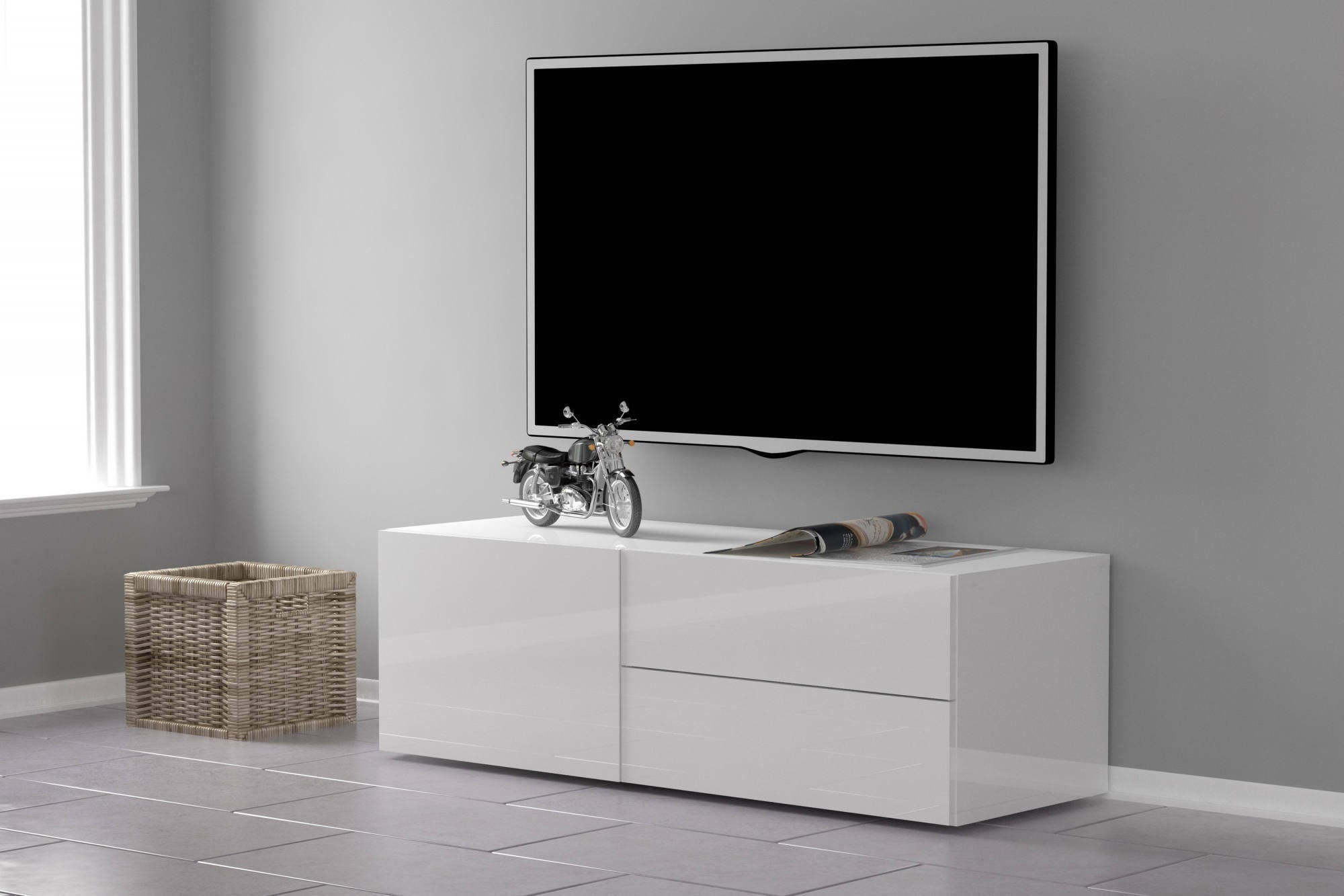 Mobile da soggiorno Porta TV, Made in Italy, Credenza per TV da salotto a 1 anta e 2 cassetti, cm 110x40h35, Bianco lucido