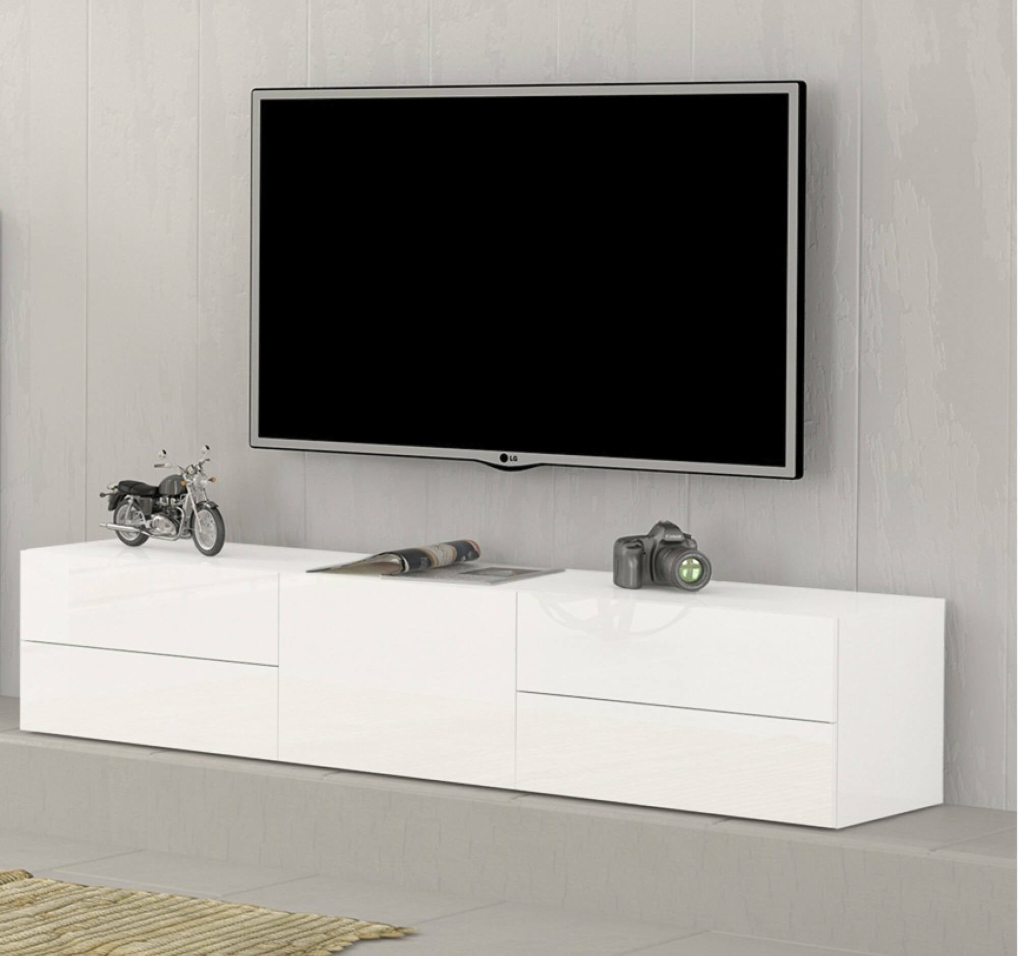 Mobile da soggiorno Porta TV, Made in Italy, Credenza per TV da salotto a 1 anta e 4 cassetti, cm 170x40h35, Bianco lucido