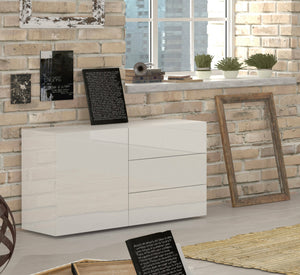 Credenza moderna a 1 anta e 3 cassetti, Made in Italy, Madia da cucina, Buffet di design da soggiorno, cm 110x40h35, Bianco lucido