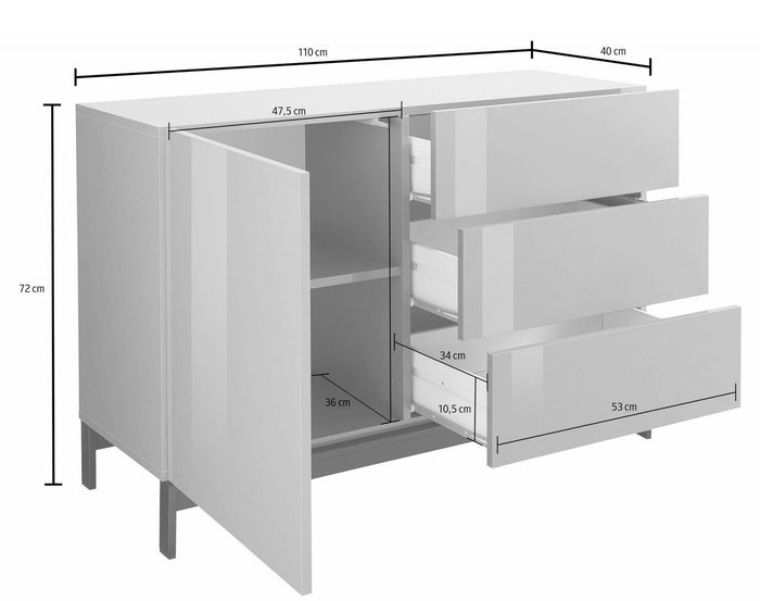 Credenza moderna a 1 anta e 3 cassetti, Made in Italy, Madia da cucina, Buffet di design da soggiorno, con piedini, cm 110x40h47, Antracite lucido