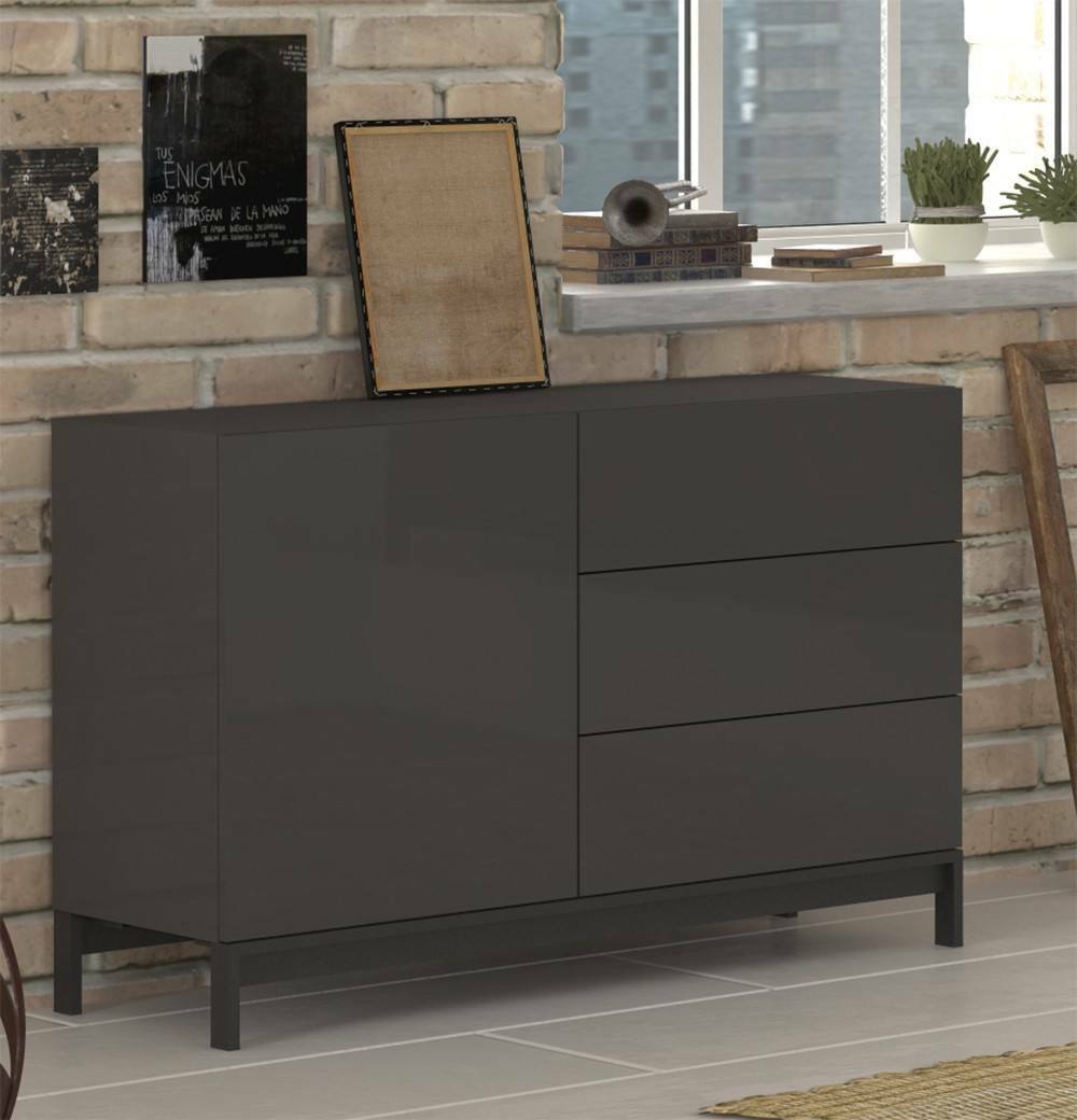 Credenza moderna a 1 anta e 3 cassetti, Made in Italy, Madia da cucina, Buffet di design da soggiorno, con piedini, cm 110x40h47, Antracite lucido