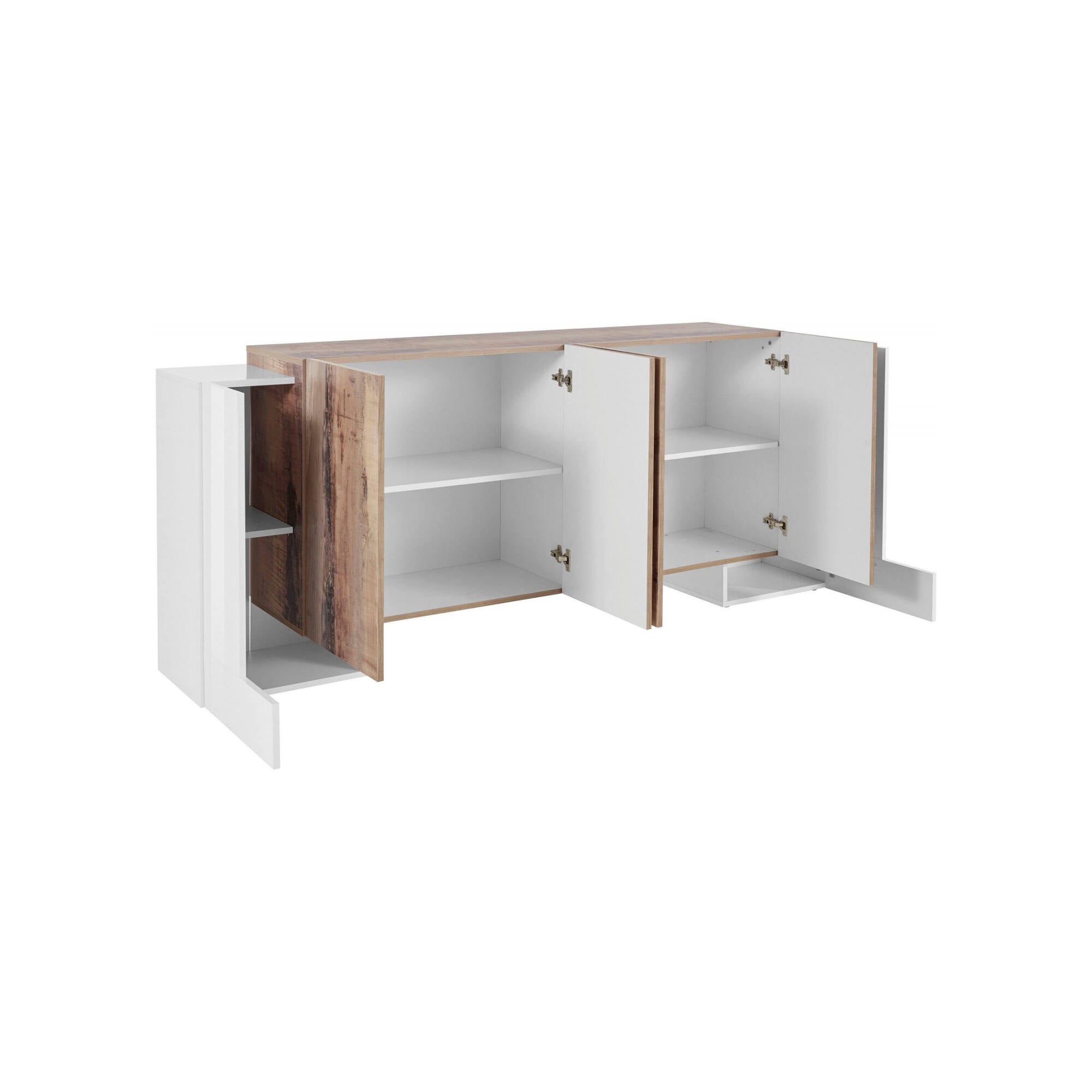 Credenza moderna a 6 ante, Made in Italy, Madia da cucina, Buffet di design da soggiorno, cm 210x45h85, Bianco lucido e Acero