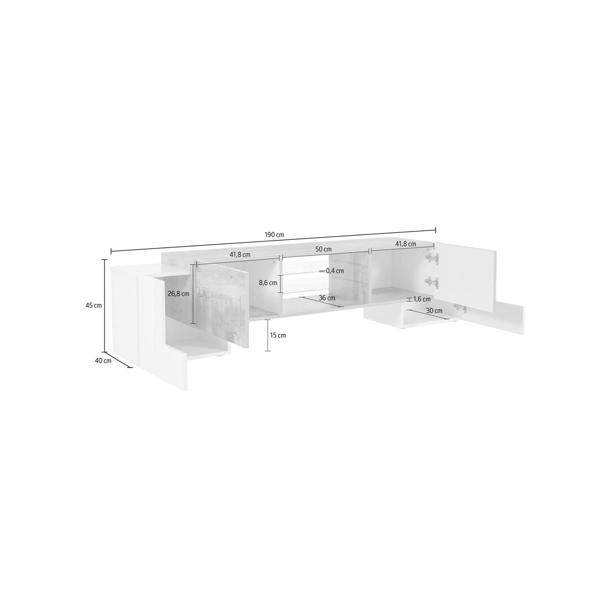 Mobile da soggiorno Porta TV, Made in Italy, Credenza per TV da salotto a 4 ante e ripiani, cm 190x45h45, Bianco lucido