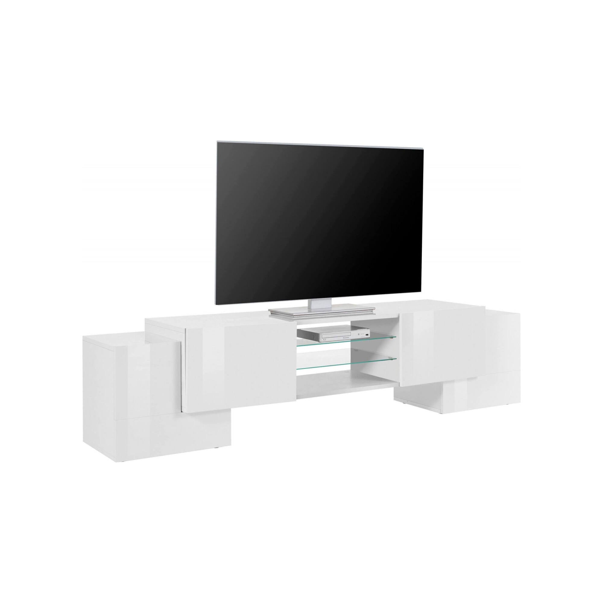 Mobile da soggiorno Porta TV, Made in Italy, Credenza per TV da salotto a 4 ante e ripiani, cm 190x45h45, Bianco lucido