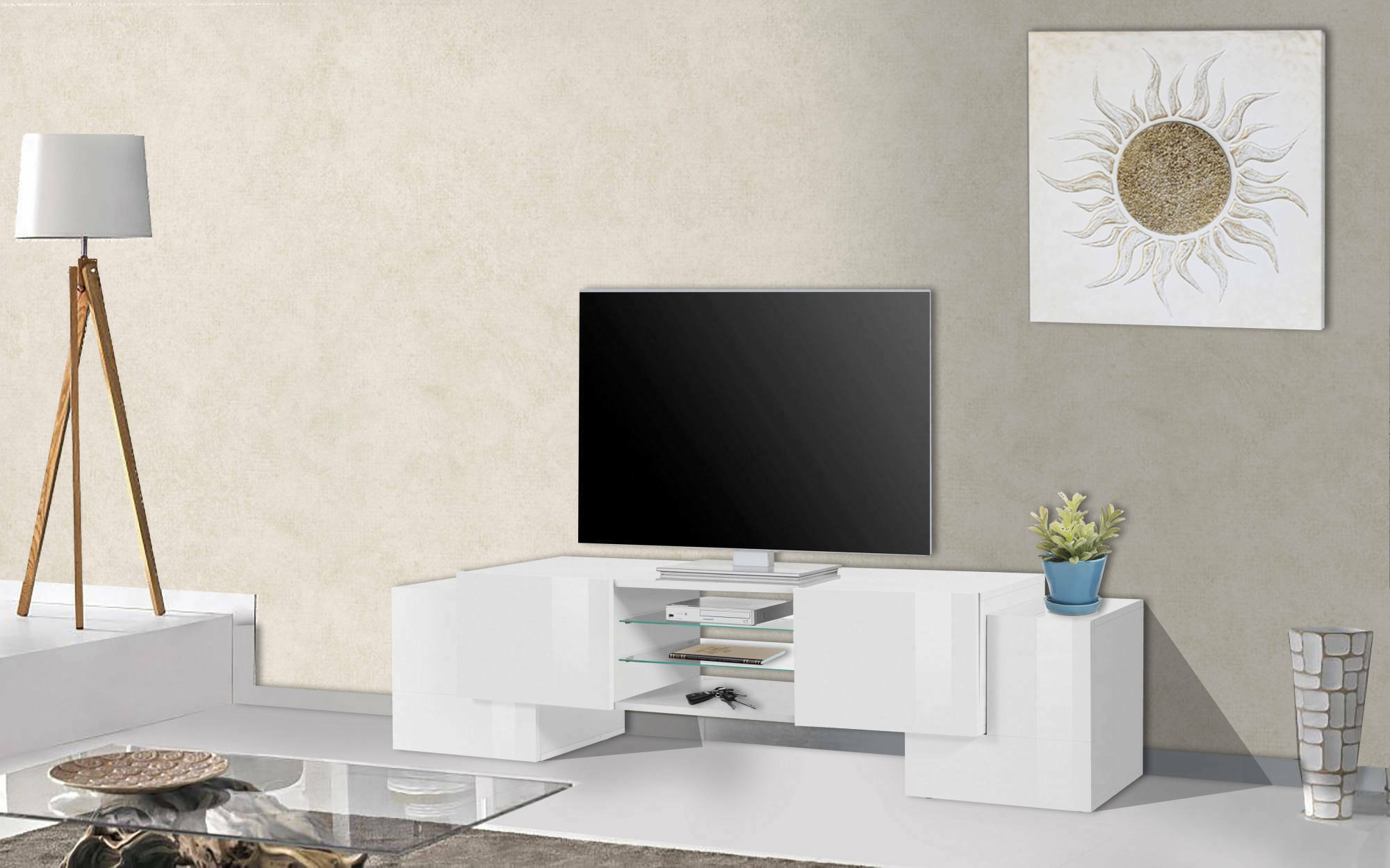 Mobile da soggiorno Porta TV, Made in Italy, Credenza per TV da salotto a 4 ante e ripiani, cm 190x45h45, Bianco lucido