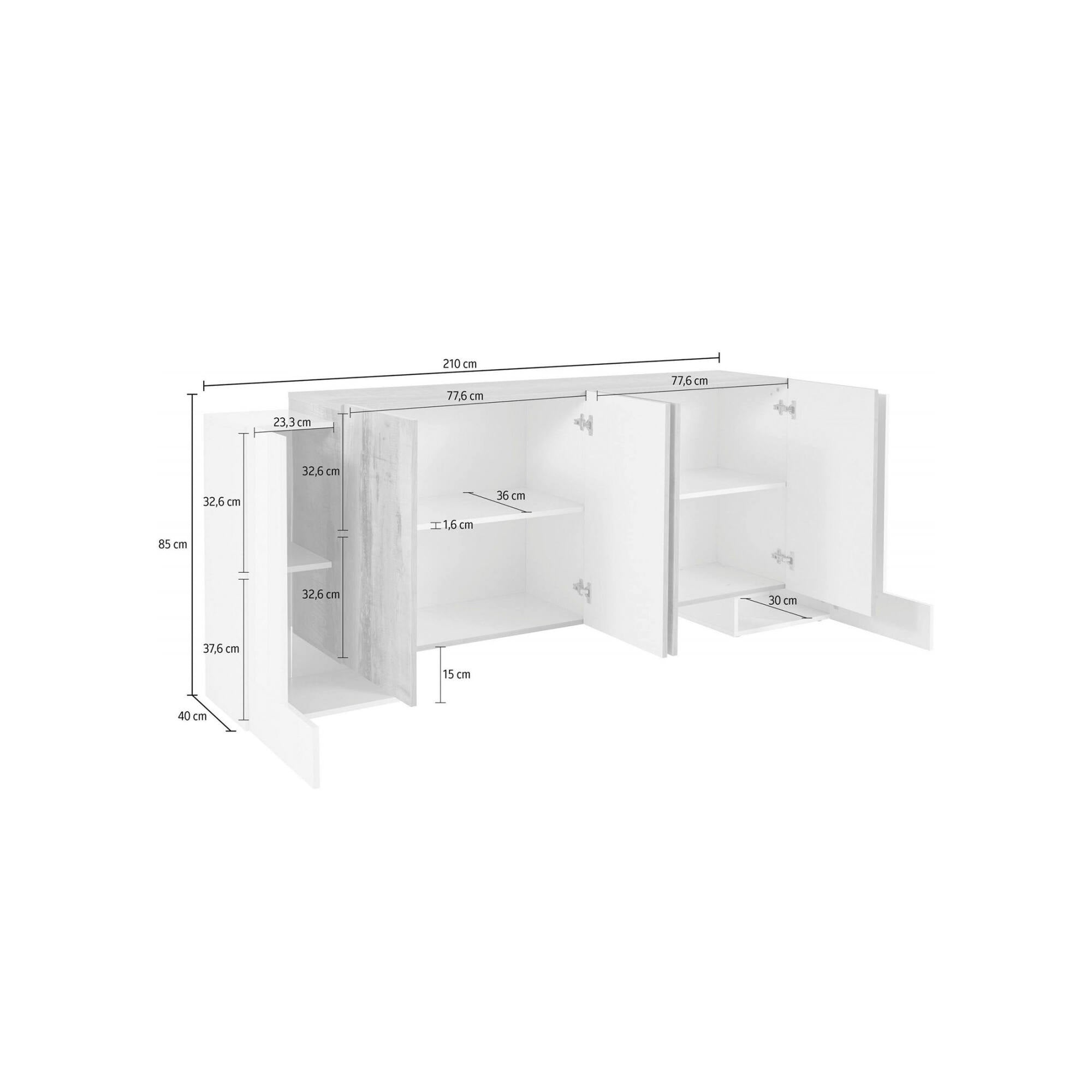 Credenza moderna a 6 ante, Made in Italy, Madia da cucina, Buffet di design da soggiorno, cm 210x45h85, Bianco lucido e Grigio Cenere