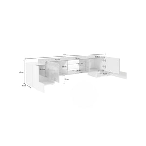 Mobile da soggiorno Porta TV, Made in Italy, Credenza per TV da salotto a 4 ante e ripiani, cm 190x45h45, colore Bianco lucido e Grigio Cenere