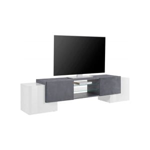 Mobile da soggiorno Porta TV, Made in Italy, Credenza per TV da salotto a 4 ante e ripiani, cm 190x45h45, colore Bianco lucido e Grigio Cenere