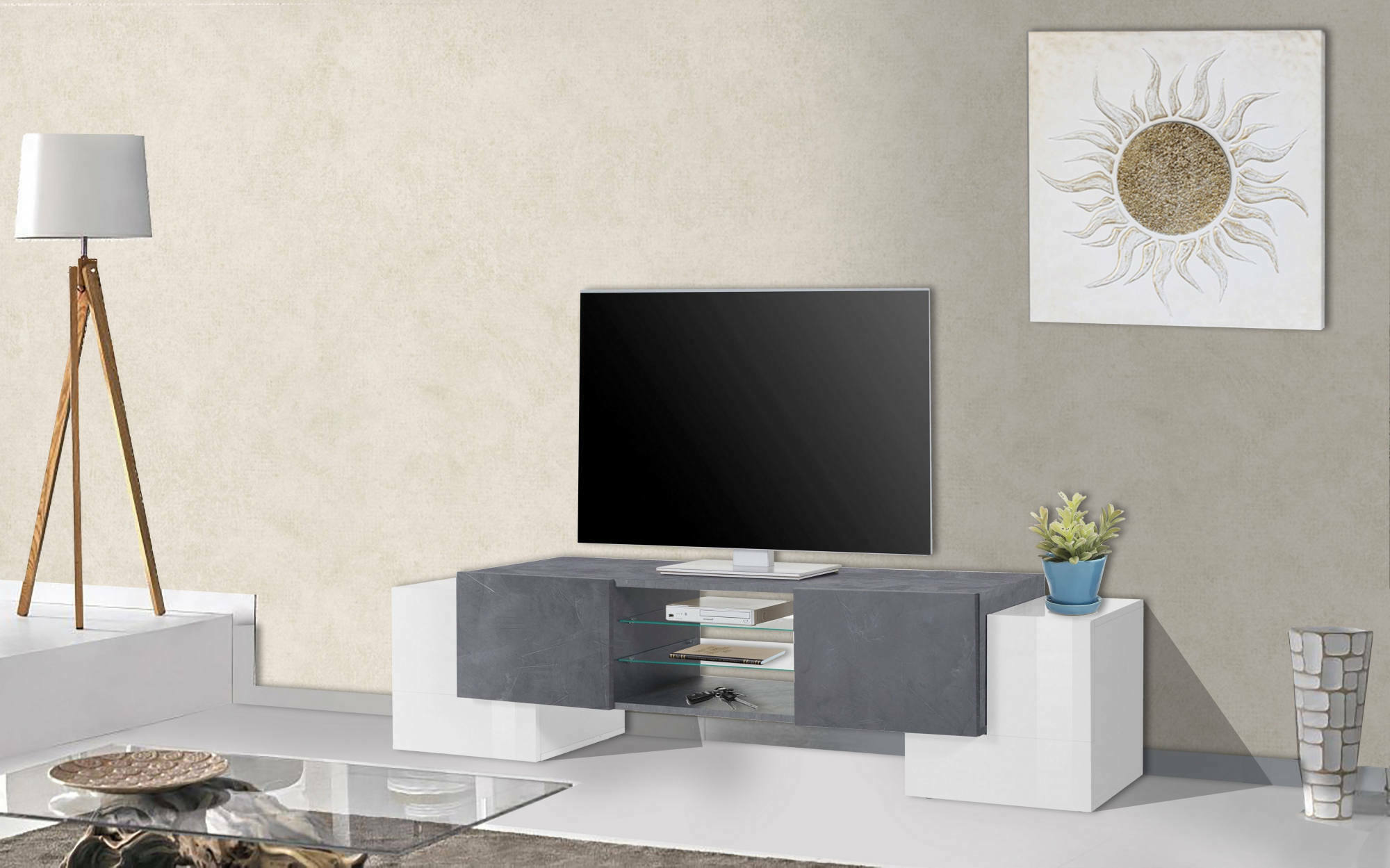 Mobile da soggiorno Porta TV, Made in Italy, Credenza per TV da salotto a 4 ante e ripiani, cm 190x45h45, colore Bianco lucido e Grigio Cenere