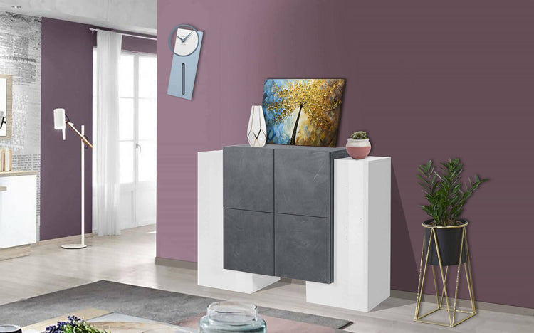 Credenza moderna di design a 6 ante, Made in Italy, Buffet da cucina, Madia con scaffali da cucina, cm 130x45h100, Bianco lucido e Grigio Cenere