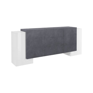 Credenza moderna a 2 ante e 3 cassetti, Made in Italy, Madia da cucina, Buffet di design da soggiorno, cm 210x45h85, Bianco lucido e Grigio Cenere