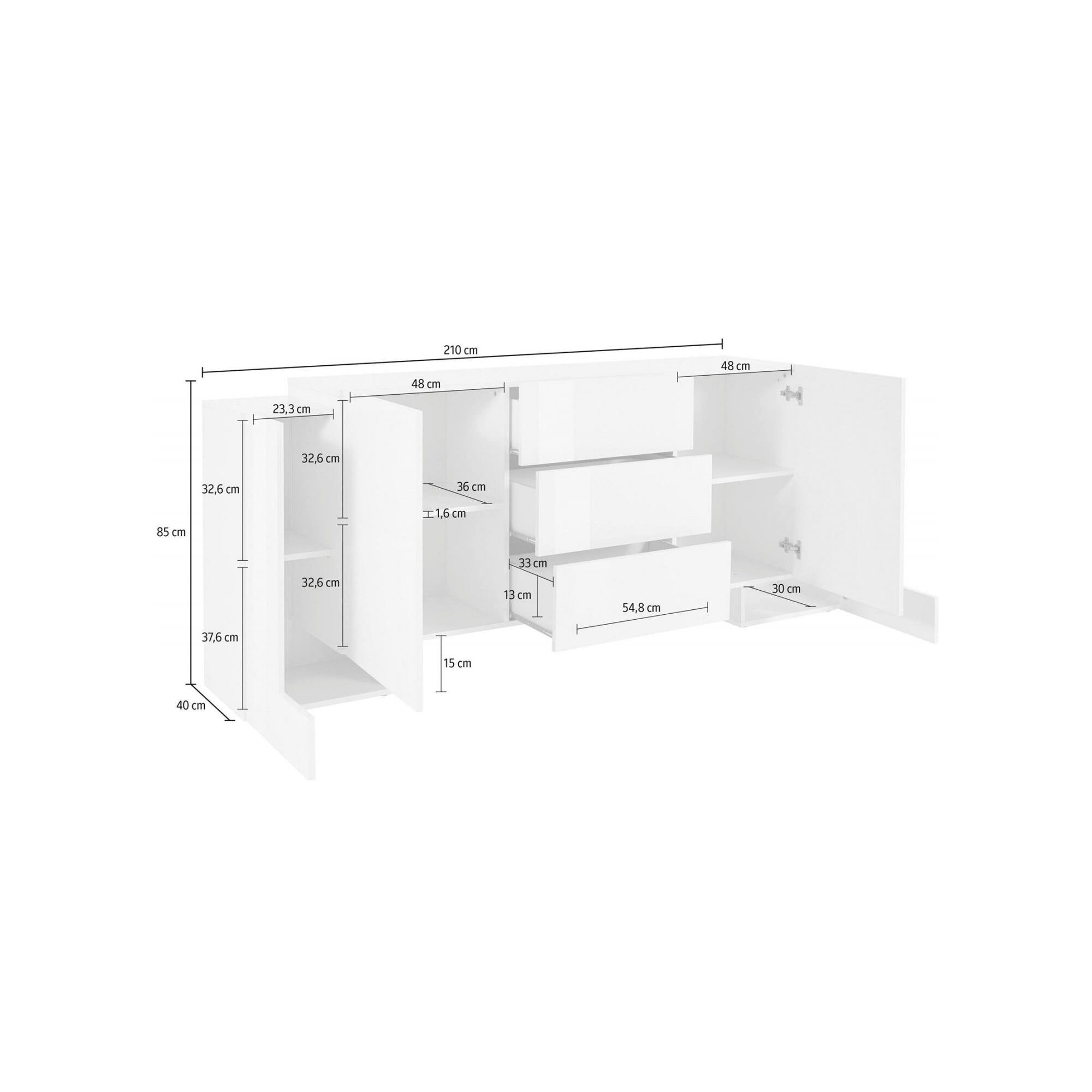 Credenza moderna a 2 ante e 3 cassetti, Made in Italy, Madia da cucina, Buffet di design da soggiorno, cm 210x45h85, Bianco lucido e Grigio Cenere